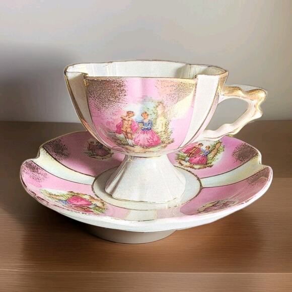 Lefton China Vtg Victoriana Pedestal Teacup Saucer Gold Trim Hand Painted #20336 - Picture 1 of 9